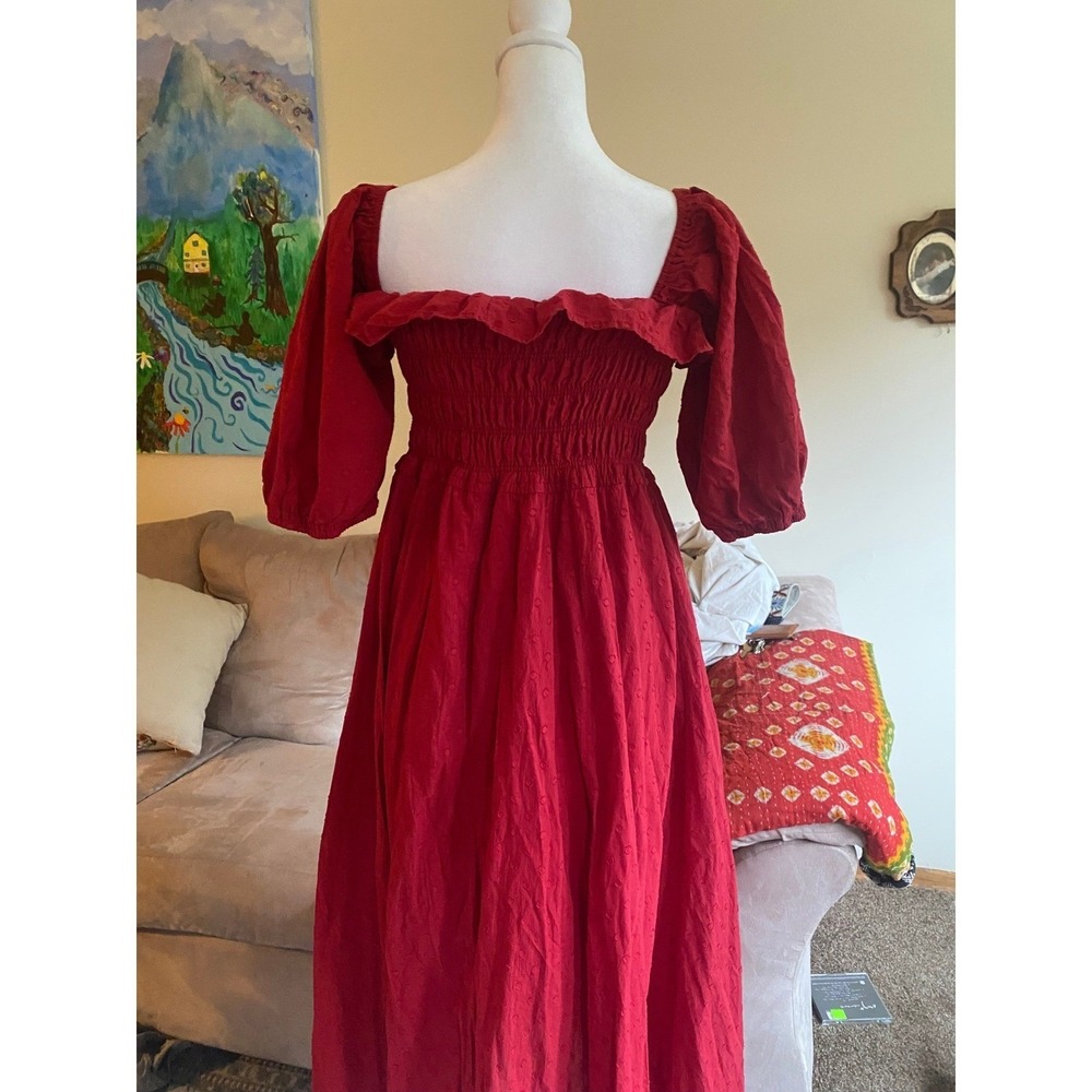 Milkmaid Smocked Puff Sleeve Red Maxi Dress Small Cottage Boho Romantic Prairie - Picture 3 of 8